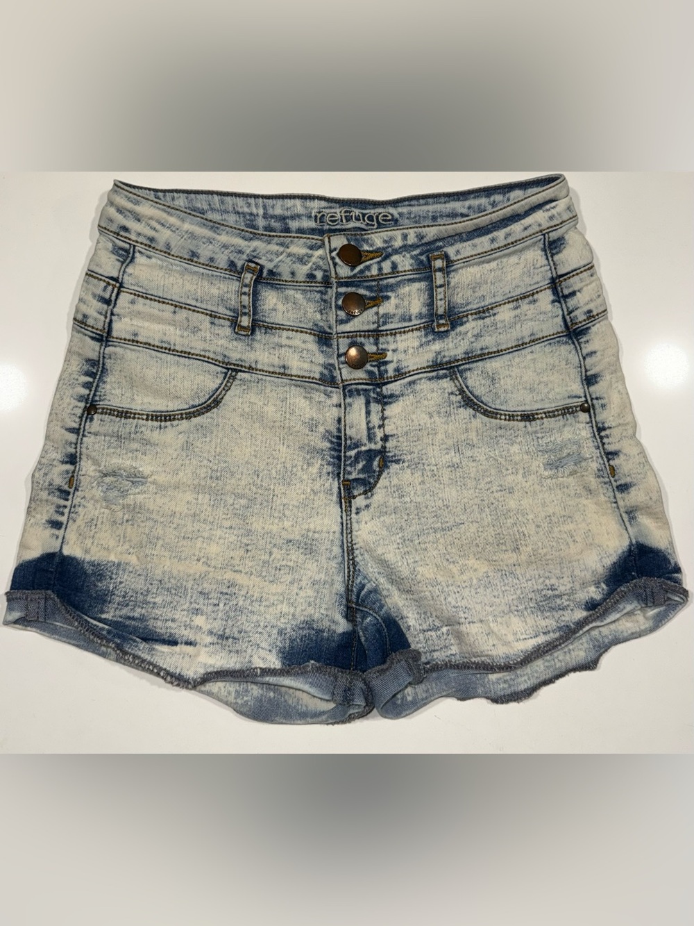 refuge Triple-Button High-Rise Acid Wash Denim Shorts in Blue